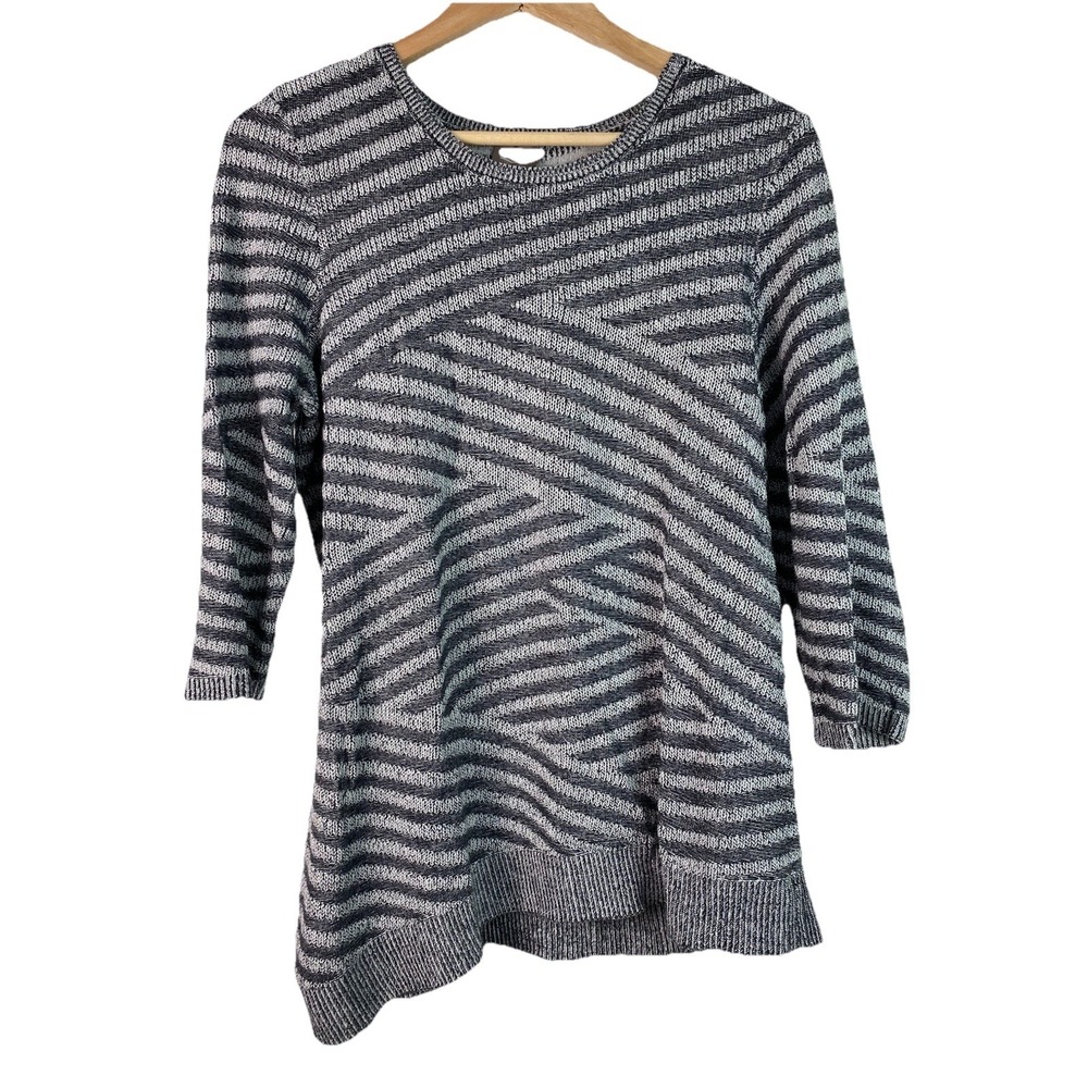 Chico's Women's L Gray White Striped 3/4 Sleeve Pullover Sweater